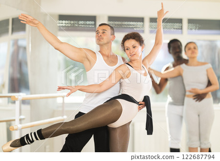 Young man and adult woman rehearsing pair ballet Young man and adult woman rehearsing pair ballet 122687794