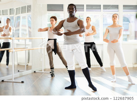 African American man practicing ballet movements in choreography studio 122687905