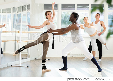 Adult man and adult woman rehearsing pair ballet 122687995