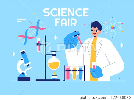 Science Fair Vector Illustration featuring a Chemist Conducting Chemical Experiments for Scientific Analysis, Data Collection, Research and Survey Science Fair Vector Illustration featuring a Chemist Conducting Chemical Experiments for Scientific Analysis, Data Collection, Research and Survey 122688070