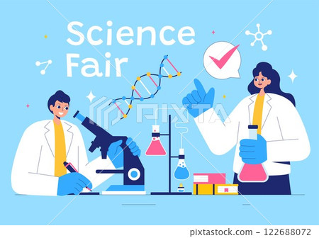 Science Fair Vector Illustration featuring a Chemist Conducting Chemical Experiments for Scientific Analysis, Data Collection, Research and Survey Science Fair Vector Illustration featuring a Chemist Conducting Chemical Experiments for Scientific Analysis, Data Collection, Research and Survey 122688072
