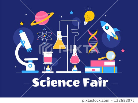 Science Fair Vector Illustration featuring a Chemist Conducting Chemical Experiments for Scientific Analysis, Data Collection, Research and Survey 122688075