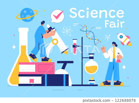 Science Fair Vector Illustration featuring a Chemist Conducting Chemical Experiments for Scientific Analysis, Data Collection, Research and Survey 122688078
