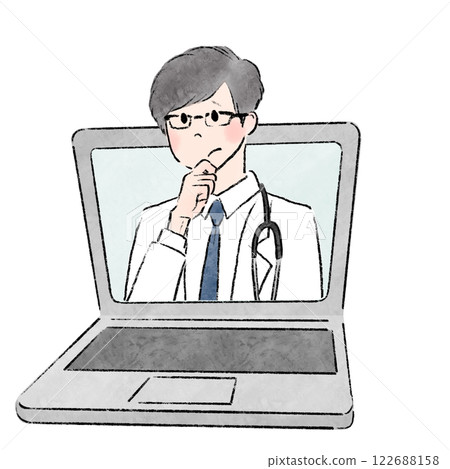 A male doctor with a troubled expression looking through a laptop monitor 122688158