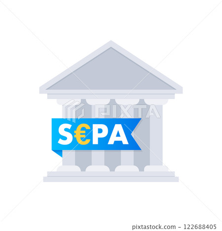 SEPA single euro payments area with euro sign on blue ribbon wrapped around government building 122688405