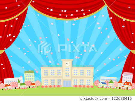 春季學校劇院，插圖，背景，可愛，橫向，櫻花，紅色，焦點 122688416