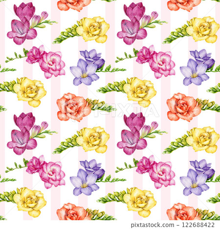 Freesia flowers elegant seamless pattern decor. Hand drawn spring season blooming flowers watercolor illustration. Freesia blossoms on striped background seamless pattern Freesia flowers elegant seamless pattern decor. Hand drawn spring season blooming flowers watercolor illustration. Freesia blossoms on striped background seamless pattern 122688422