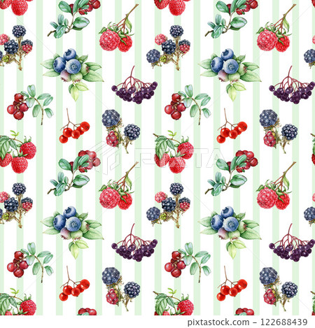 Hand drawn various fresh berries seamless pattern on light-green striped background. Garden blueberry, raspberry, elderberry, blackberry berries vintage style illustration elegant seamless pattern 122688439