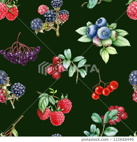Fresh berries seamless pattern. Hand drawn blueberry, raspberry, blackberry, elderberry on dark background. Various garden berries vintage style illustration bright seamless pattern design element Fresh berries seamless pattern. Hand drawn blueberry, raspberry, blackberry, elderberry on dark background. Various garden berries vintage style illustration bright seamless pattern design element 122688440