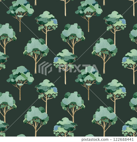Deciduous tree forest seamless pattern. Hand drawn trees on dark green background. Eucalyptus painted illustration endless pattern design perfect for printing, textile, wrapping paper Deciduous tree forest seamless pattern. Hand drawn trees on dark green background. Eucalyptus painted illustration endless pattern design perfect for printing, textile, wrapping paper 122688441