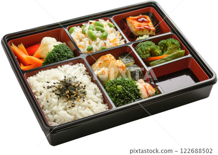 bento box with rice fish vegetables isolated background bento box with rice fish vegetables isolated background 122688502