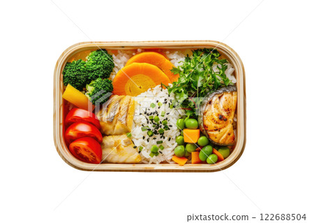 bento box with rice fish vegetables isolated background bento box with rice fish vegetables isolated background 122688504
