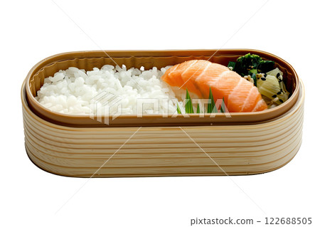bento box with rice fish vegetables isolated background bento box with rice fish vegetables isolated background 122688505