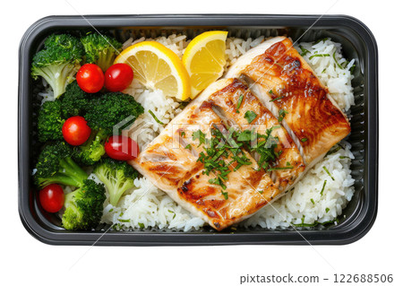 bento box with rice fish vegetables isolated background bento box with rice fish vegetables isolated background 122688506