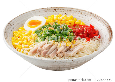 bowl of ramen with noodles, broth, egg, and toppings, isolated background 122688530