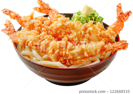 udon noodles with tempura, isolated background udon noodles with tempura, isolated background 122688535