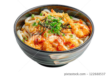 udon noodles with tempura, isolated background 122688537