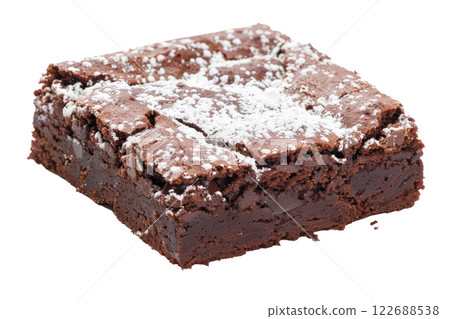 brownie with a dusting of powdered sugar, isolated background brownie with a dusting of powdered sugar, isolated background 122688538