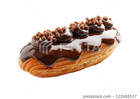 chocolate eclair with a glossy chocolate glaze, isolated background 122688557