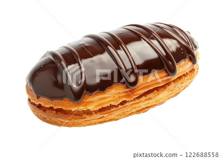 chocolate eclair with a glossy chocolate glaze, isolated background 122688558