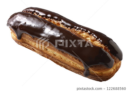 chocolate eclair with a glossy chocolate glaze, isolated background chocolate eclair with a glossy chocolate glaze, isolated background 122688560
