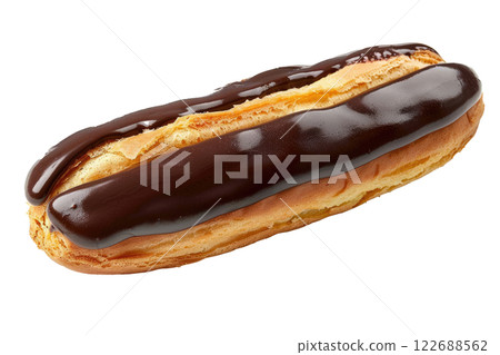 chocolate eclair with a glossy chocolate glaze, isolated background 122688562