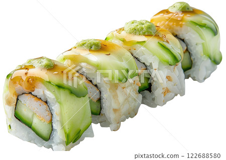 cucumber roll sushi floating, isolated background 122688580
