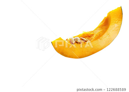 ripe slice of pumpkin floating, isolated background 122688589