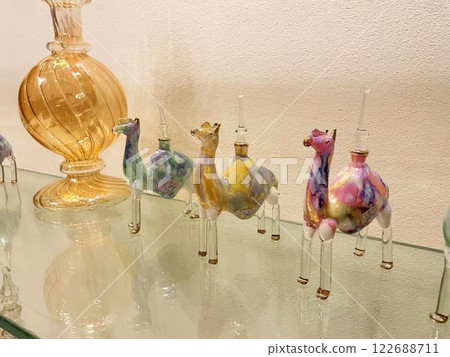 Egyptian glass crafts, handmade blown glass perfume bottles and glassware souvenirs 122688711