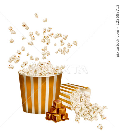 Popcorn in gold packaging. Retro style paper tableware for snacks. Popcorn spilled out of a paper bag. Caramel flavored snack. Classic retro style for parties and movies. Watercolor illustration.  122688712