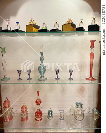 Egyptian glass crafts, handmade blown glass perfume bottles and glassware souvenirs 122688721