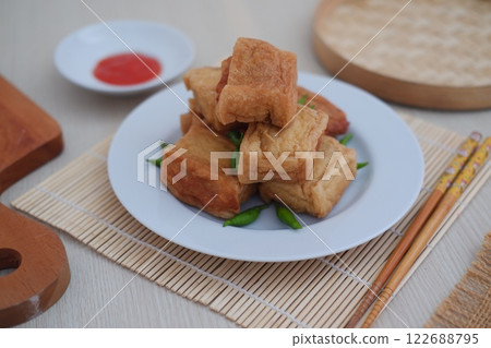 Tahu Bakso, Indonesian traditional snack made from tofu and beef. Served in white plate 122688795