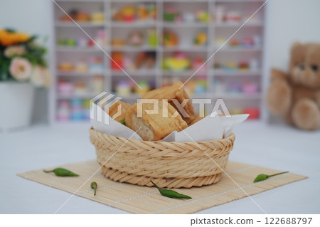 Tahu Bakso, Indonesian traditional snack made from tofu and beef. Served in rattan basket. Tahu Bakso, Indonesian traditional snack made from tofu and beef. Served in rattan basket. 122688797