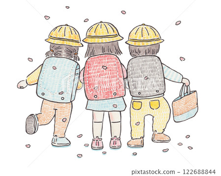 Illustration of a first grade child carrying a school bag Illustration of a first grade child carrying a school bag 122688844