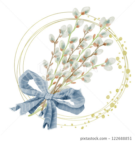 Watercolor illustration of round frame with willow buds and bow. Ideal for romantic greeting cards, invitations to weddings or birthdays. Cosmetics, perfumes and home decor. Frame for websites or apps Watercolor illustration of round frame with willow buds and bow. Ideal for romantic greeting cards, invitations to weddings or birthdays. Cosmetics, perfumes and home decor. Frame for websites or apps 122688851
