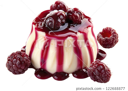 panna cotta with a raspberry coulis isolated background 122688877