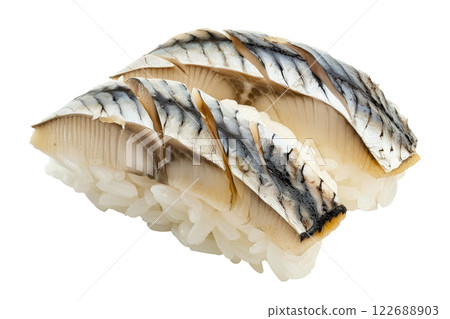 piece of mackerel nigiri sushi floating isolated background 122688903