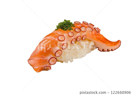 piece of octopus nigiri sushi floating isolated background 122688906