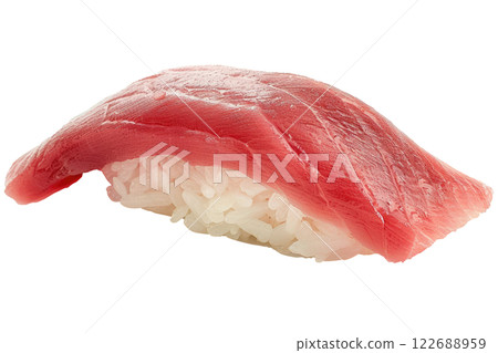 piece of toro fatty tuna sushi floating, isolated background 122688959
