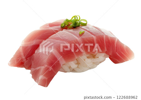 piece of toro fatty tuna sushi floating, isolated background 122688962