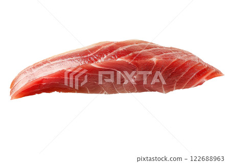 piece of toro fatty tuna sushi floating, isolated background 122688963