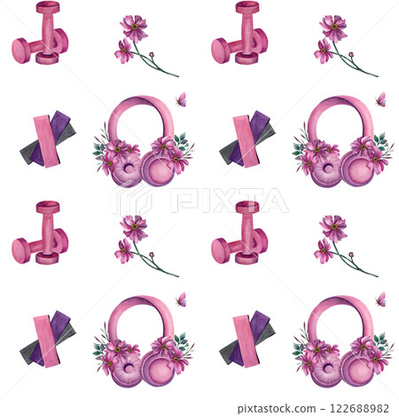Pattern with pink headphones, flowers, dumbbells, elastic bands. Cute fitness sport seamless illustration. Isolated from the background. Hand drawn for packaging, wrapping paper, scrapbook, merch 122688982