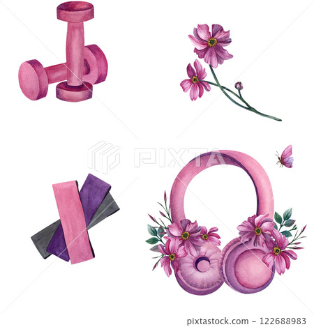 Seamless cute pattern with pink headphones, flowers, dumbbells, rubber bands. Women fitness sport watercolor illustration. Isolated from the background. For packaging, wrapping paper, merch, postcard 122688983