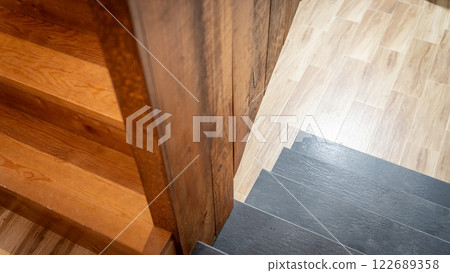 Contrast of Wooden and Stone Staircase Design 122689358