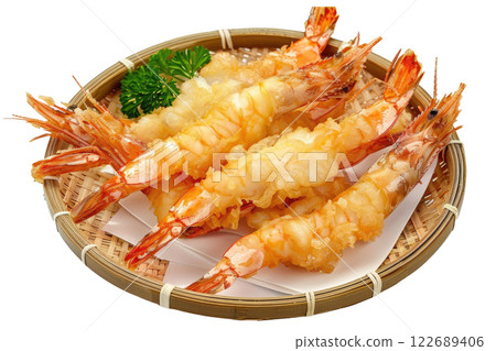 plate of tempura shrimp, isolated on a white background 122689406