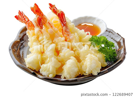 plate of tempura shrimp, isolated on a white background 122689407