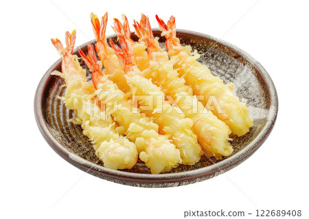 plate of tempura shrimp, isolated on a white background 122689408