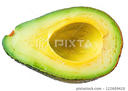 ripe slice of avocado floating, isolated background 122689428