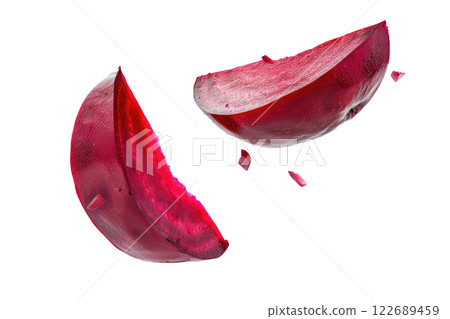 Ripe slice of Mixed fruit floating, isolated background Ripe slice of Mixed fruit floating, isolated background 122689459
