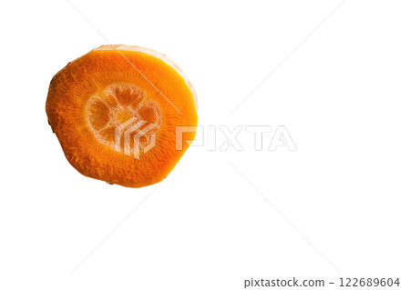 ripe slice of carrot floating, isolated background 122689604